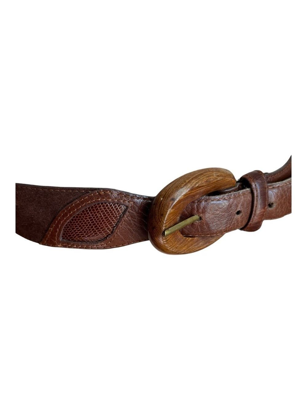 VTG LIZ CLAIBORNE BROWN 1.5" WIDE LEATHER & SUEDE BELT W A WOODEN BUCKLE SZ L - Picture 2 of 10